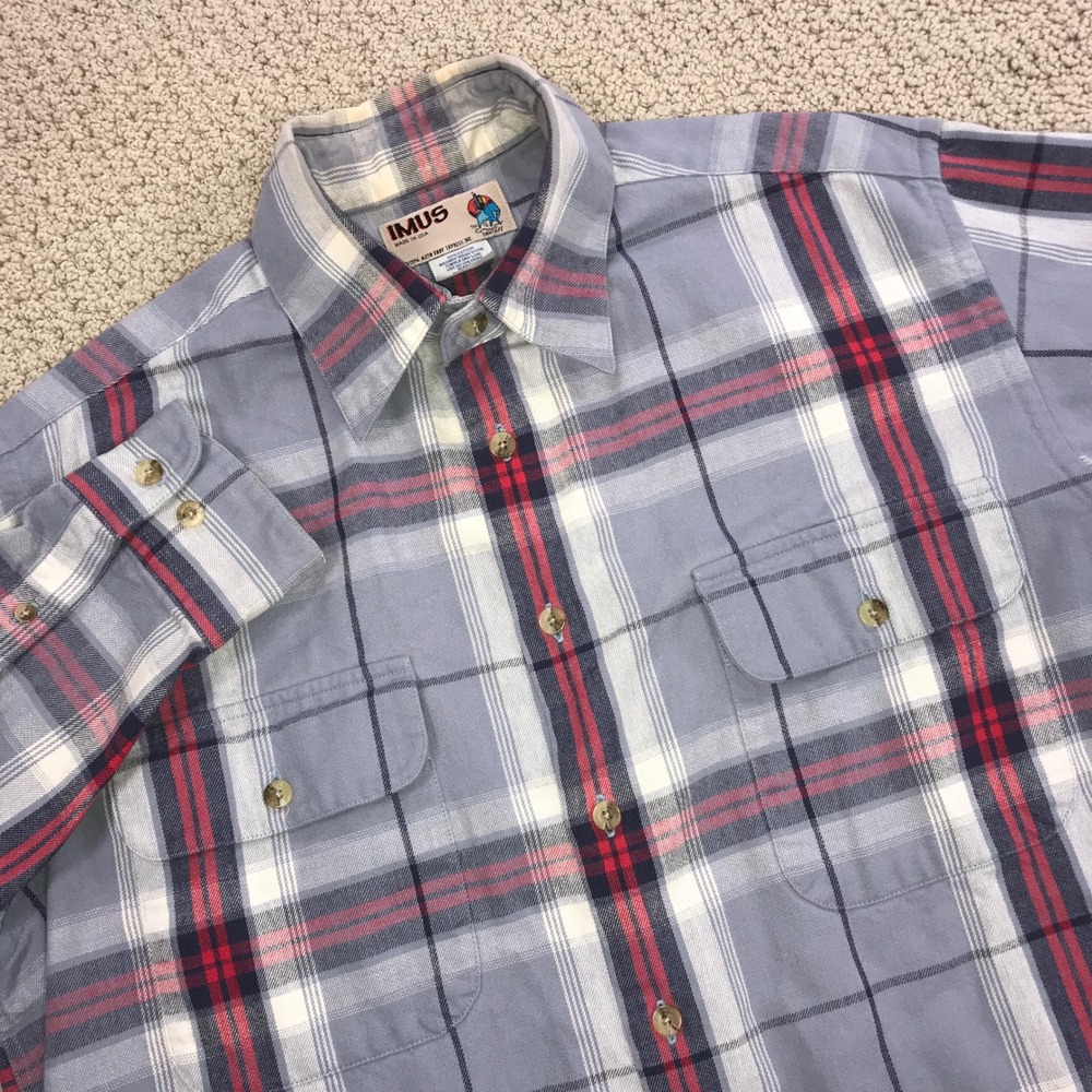 Vintage Imus Santa Fe Flannel Shirt Mens Medium Blue Red Plaid Made in USA 90s